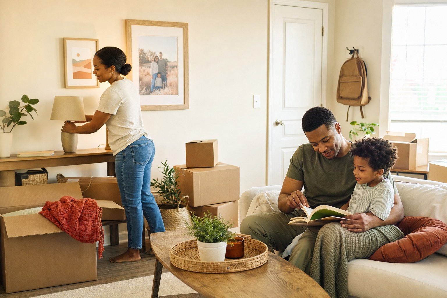 Family at home in a bright apartment living room